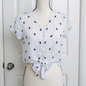 Palm Printed Chiffon Tie Front Blouse